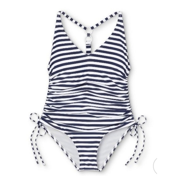 Kona Sol Side Cinch High Coverage One piece swimsuit Navy/ White Stripe Size XL - Picture 3 of 12
